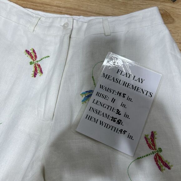 Paraphrase Womens 6 Dragonfly Embroidered Cropped White Lined Linen Pants Boho - Picture 10 of 11